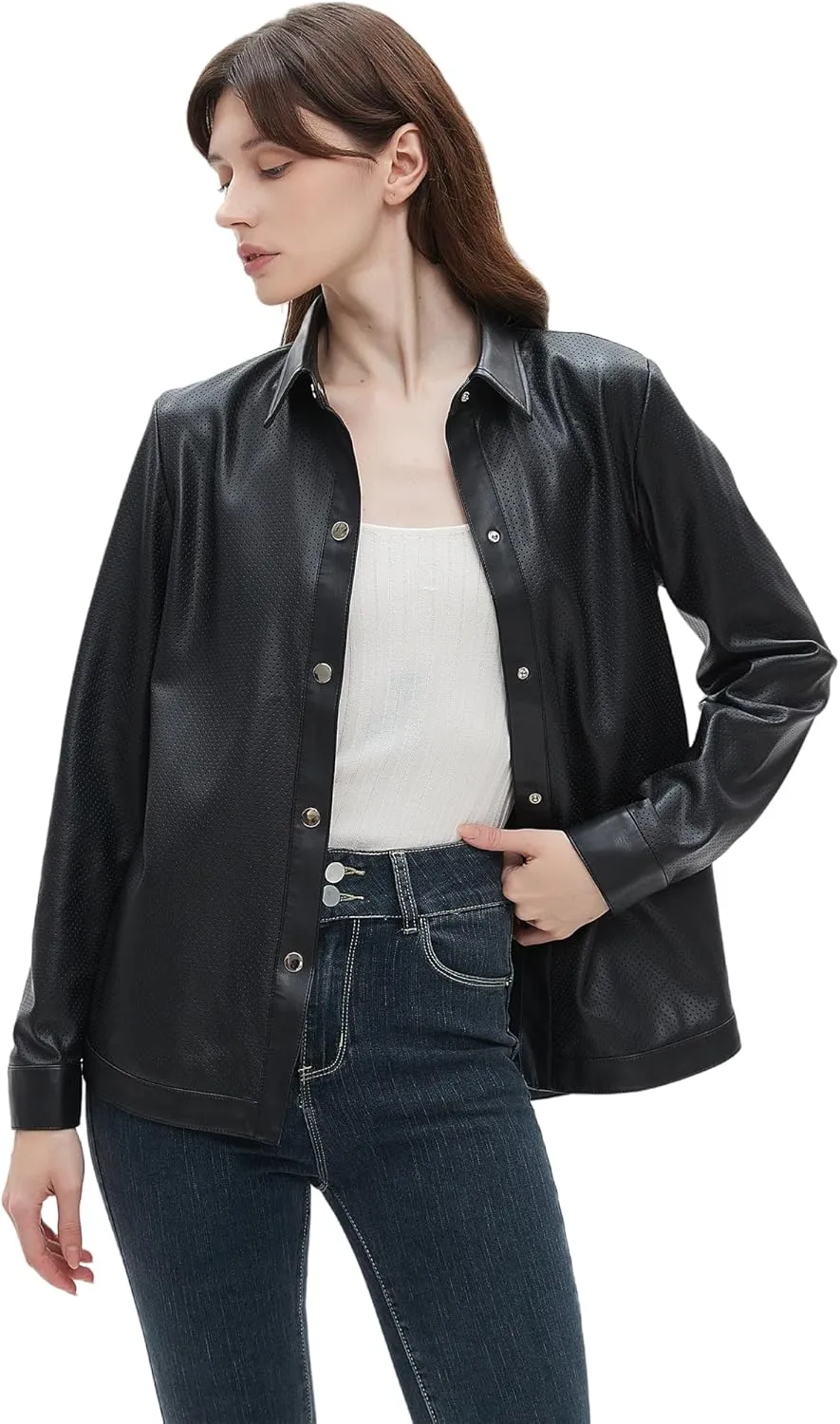 Beinia Women's Long Sleeve Pu Faux Leather Button Down Shirts, Stylish Office Work Blouse Tops Jacket, Snap Button