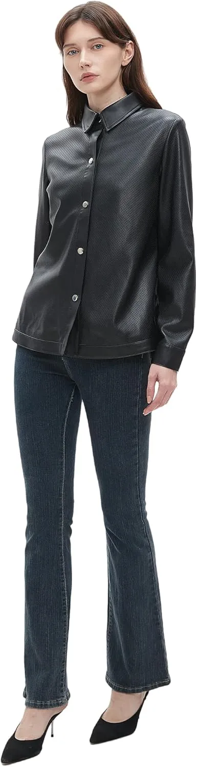 Beinia Women's Long Sleeve Pu Faux Leather Button Down Shirts, Stylish Office Work Blouse Tops Jacket, Snap Button