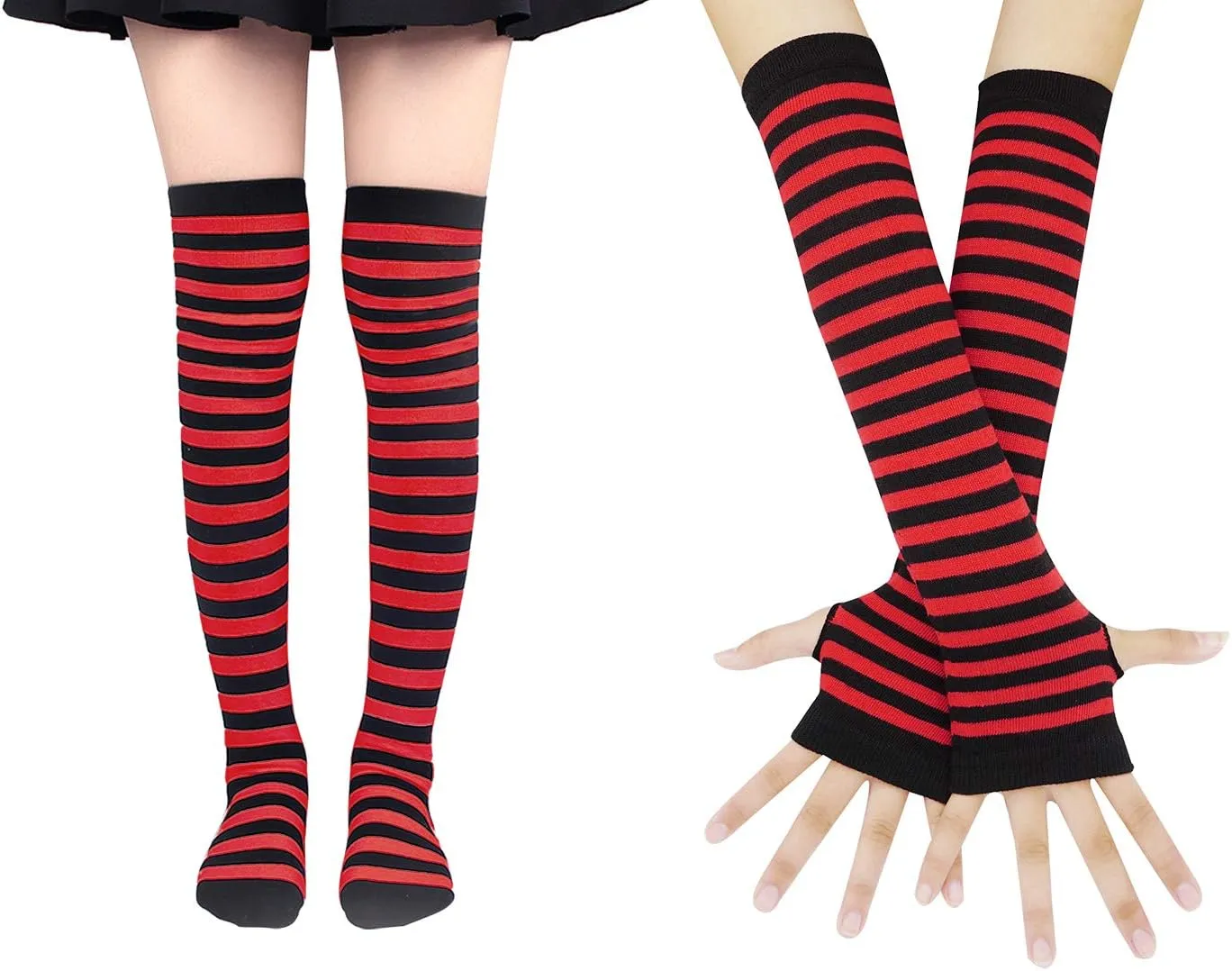 Bienvenu Womens Socks Striped Knee High Socks Arm Warmer Fingerless Gloves Set