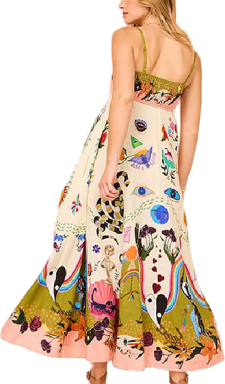 Boho Maxi Beach Vacation Casual Dress Spaghetti Strap Graffiti Floral Print Slip Party Long Sundress for Women