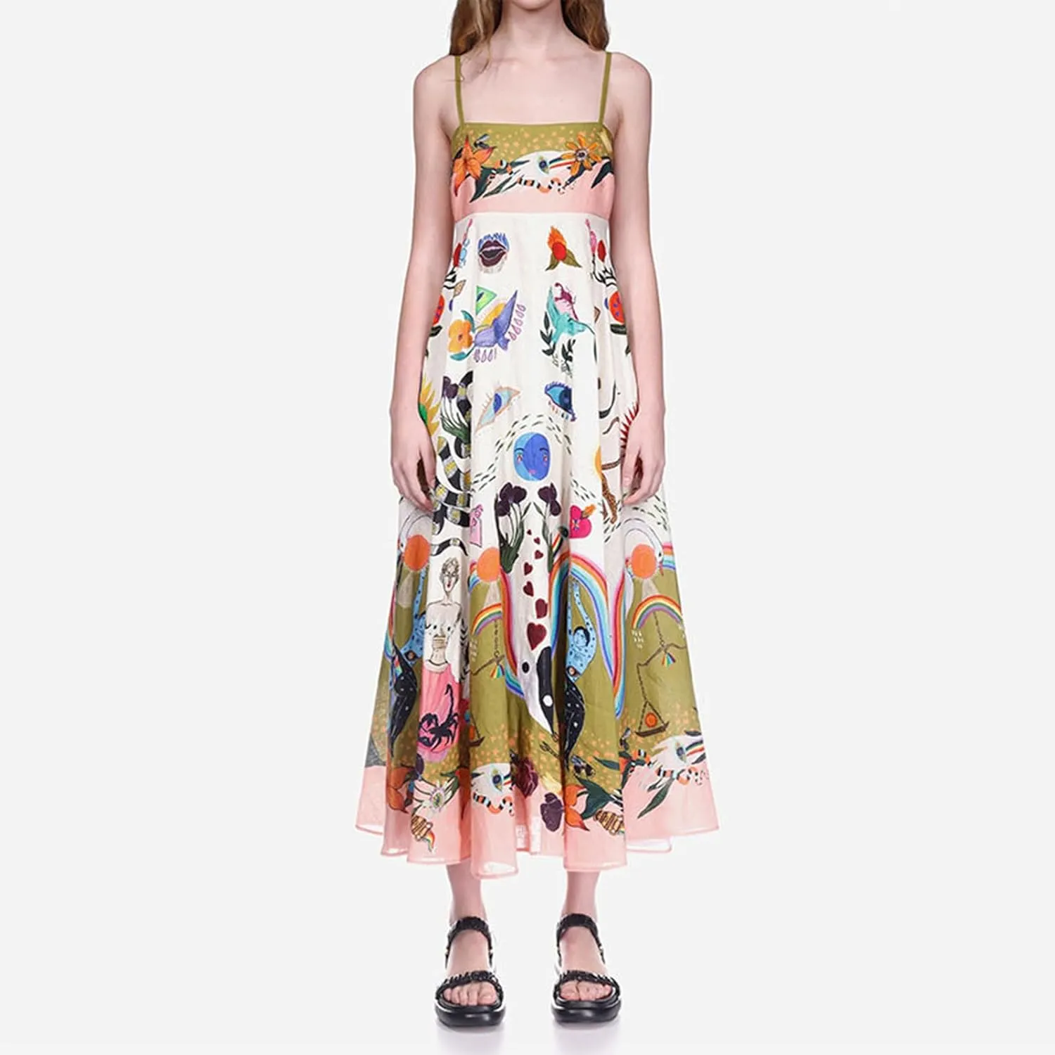 Boho Maxi Beach Vacation Casual Dress Spaghetti Strap Graffiti Floral Print Slip Party Long Sundress for Women