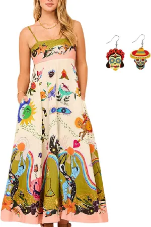 Boho Maxi Beach Vacation Casual Dress Spaghetti Strap Graffiti Floral Print Slip Party Long Sundress for Women