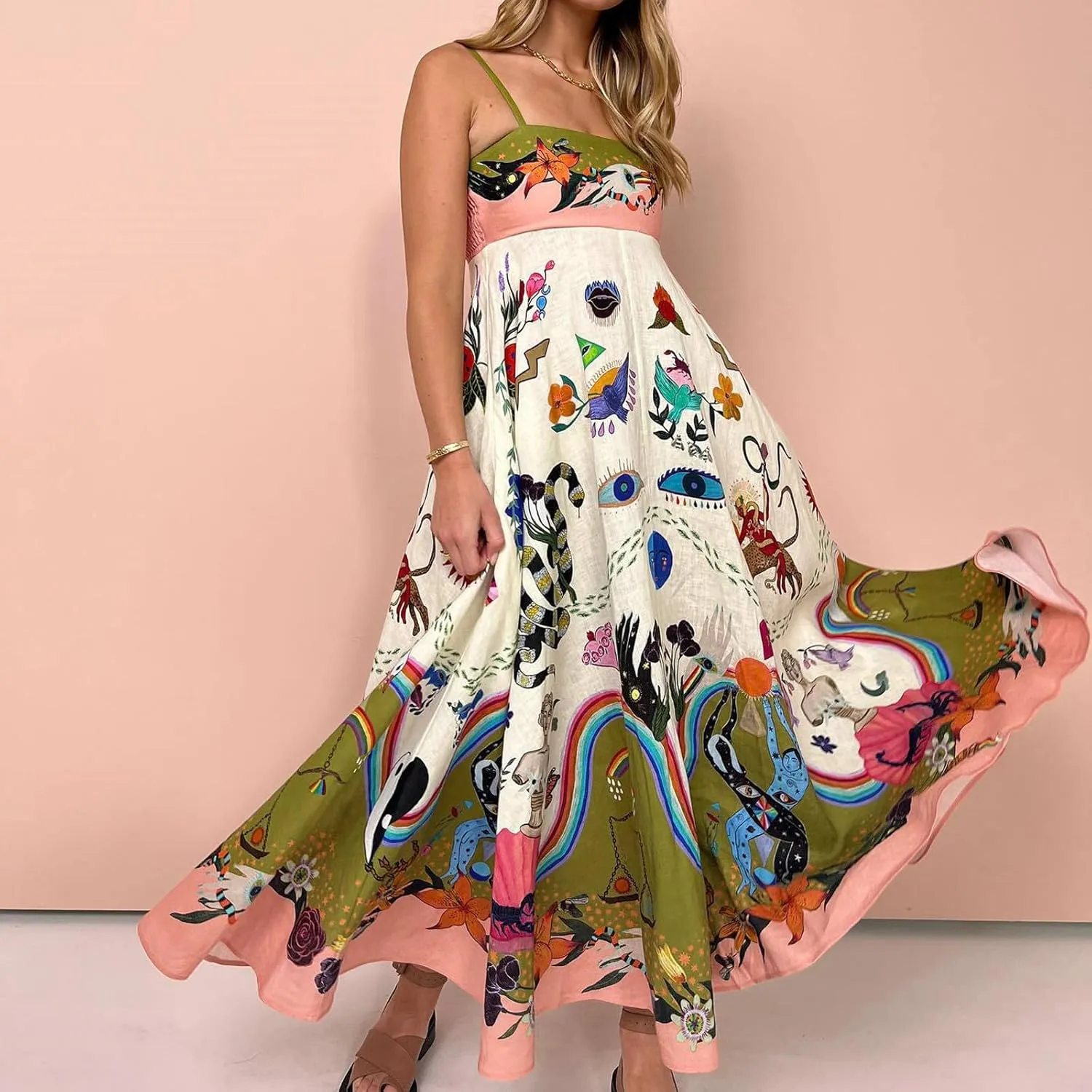 Boho Maxi Beach Vacation Casual Dress Spaghetti Strap Graffiti Floral Print Slip Party Long Sundress for Women