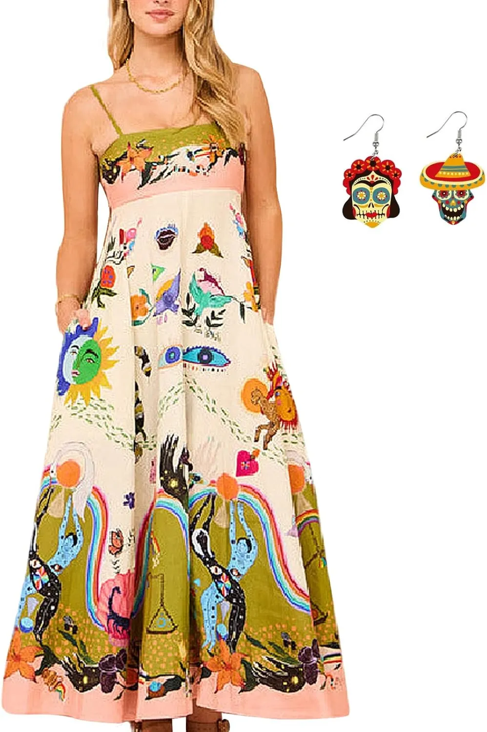 Boho Maxi Beach Vacation Casual Dress Spaghetti Strap Graffiti Floral Print Slip Party Long Sundress for Women