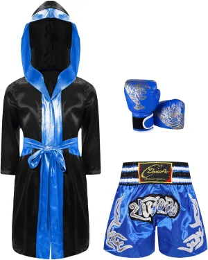 Boys Girls Champion Boxing Uniform Long Sleeve Hooded Cloak with Metallic Belt and Boxer Shorts Gloves Set