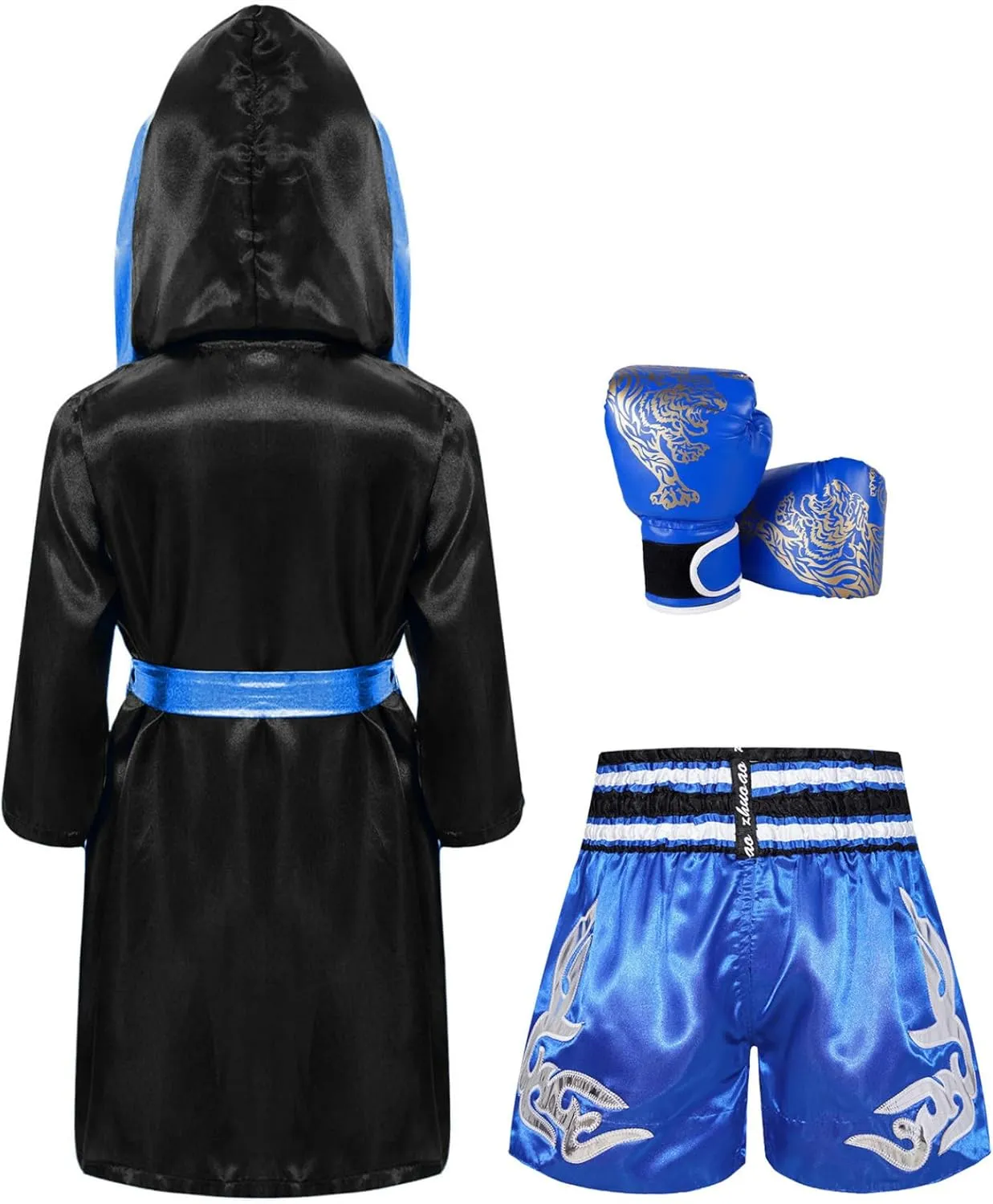 Boys Girls Champion Boxing Uniform Long Sleeve Hooded Cloak with Metallic Belt and Boxer Shorts Gloves Set