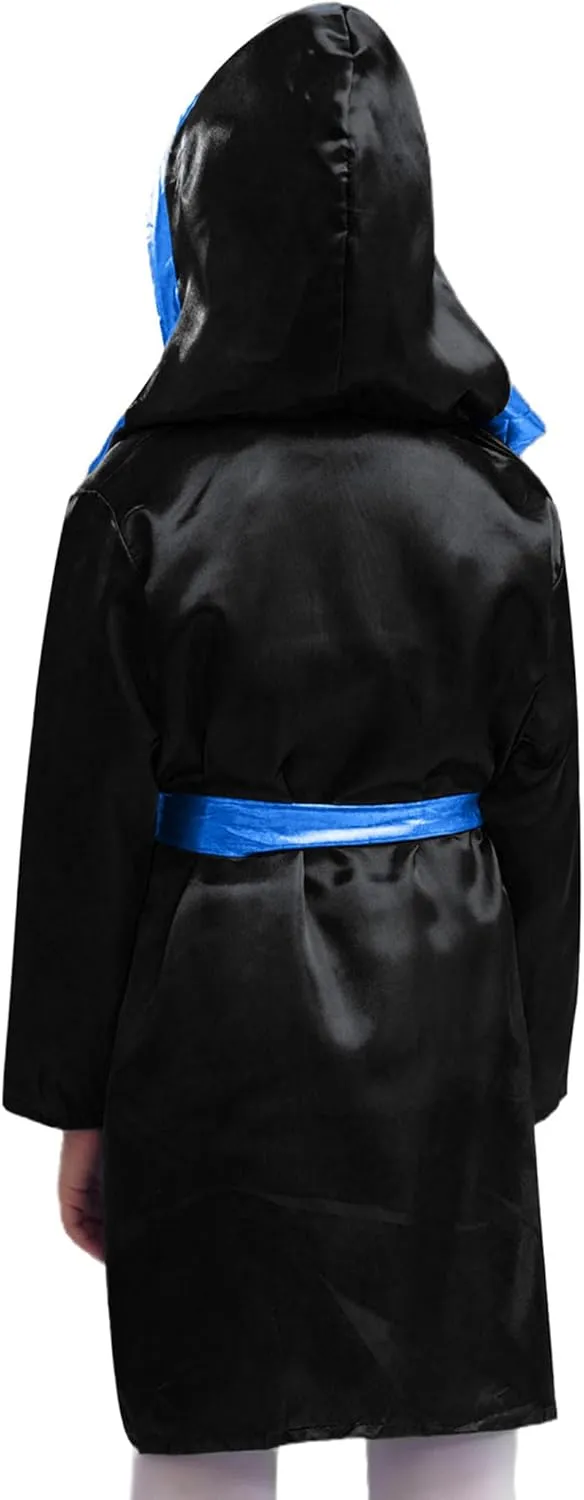 Boys Girls Champion Boxing Uniform Long Sleeve Hooded Cloak with Metallic Belt and Boxer Shorts Gloves Set