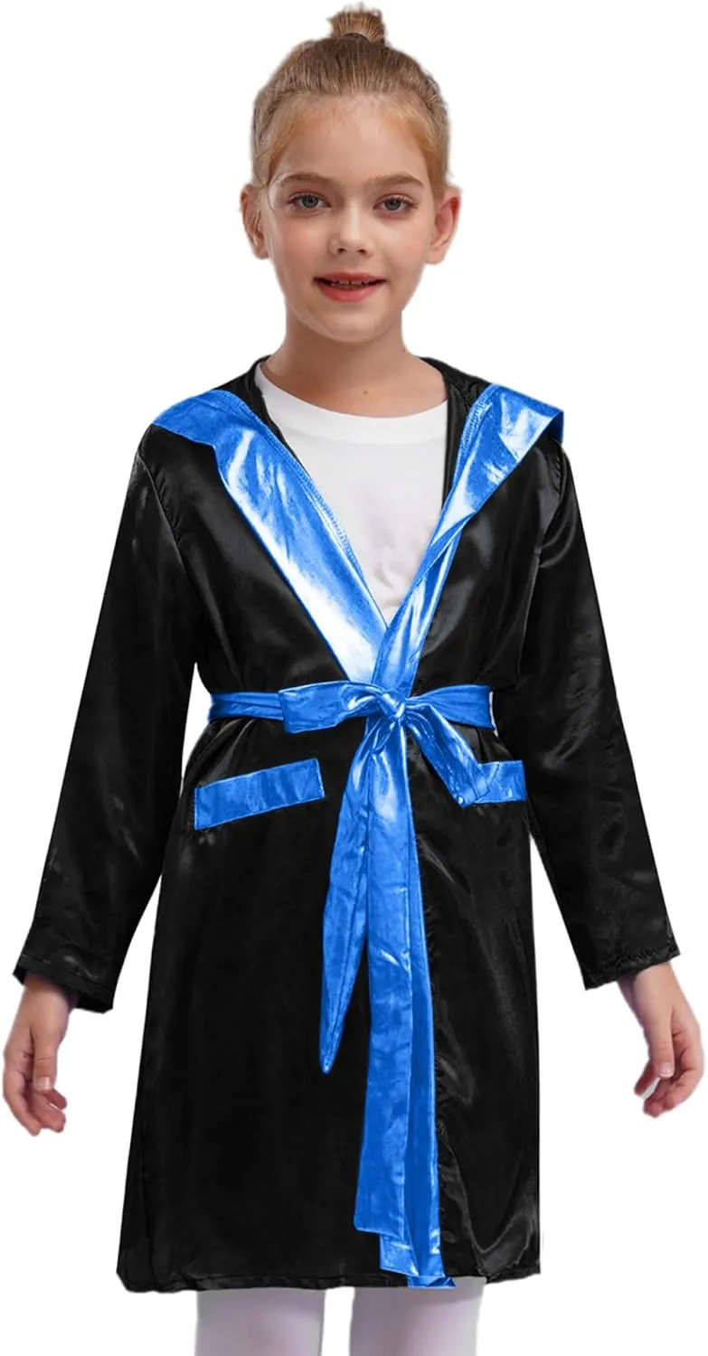 Boys Girls Champion Boxing Uniform Long Sleeve Hooded Cloak with Metallic Belt and Boxer Shorts Gloves Set