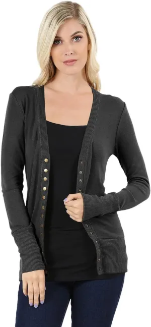 Cardigans for Women Long Sleeve Cardigan Knit Snap Button Sweater Regular & Plus - Ash Grey (1X)