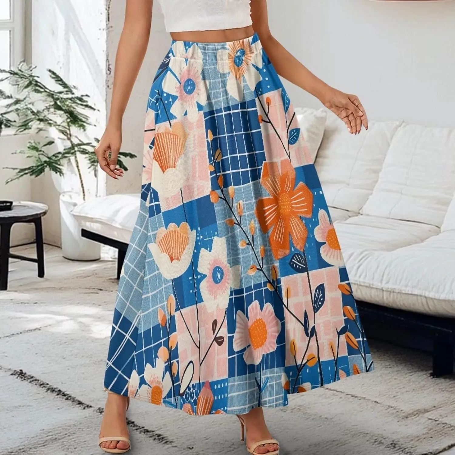 Casual Trendy Pleated Skirt for Women Party Beach Elastic Waist Womens Aline Flowy Skirts with Pockets