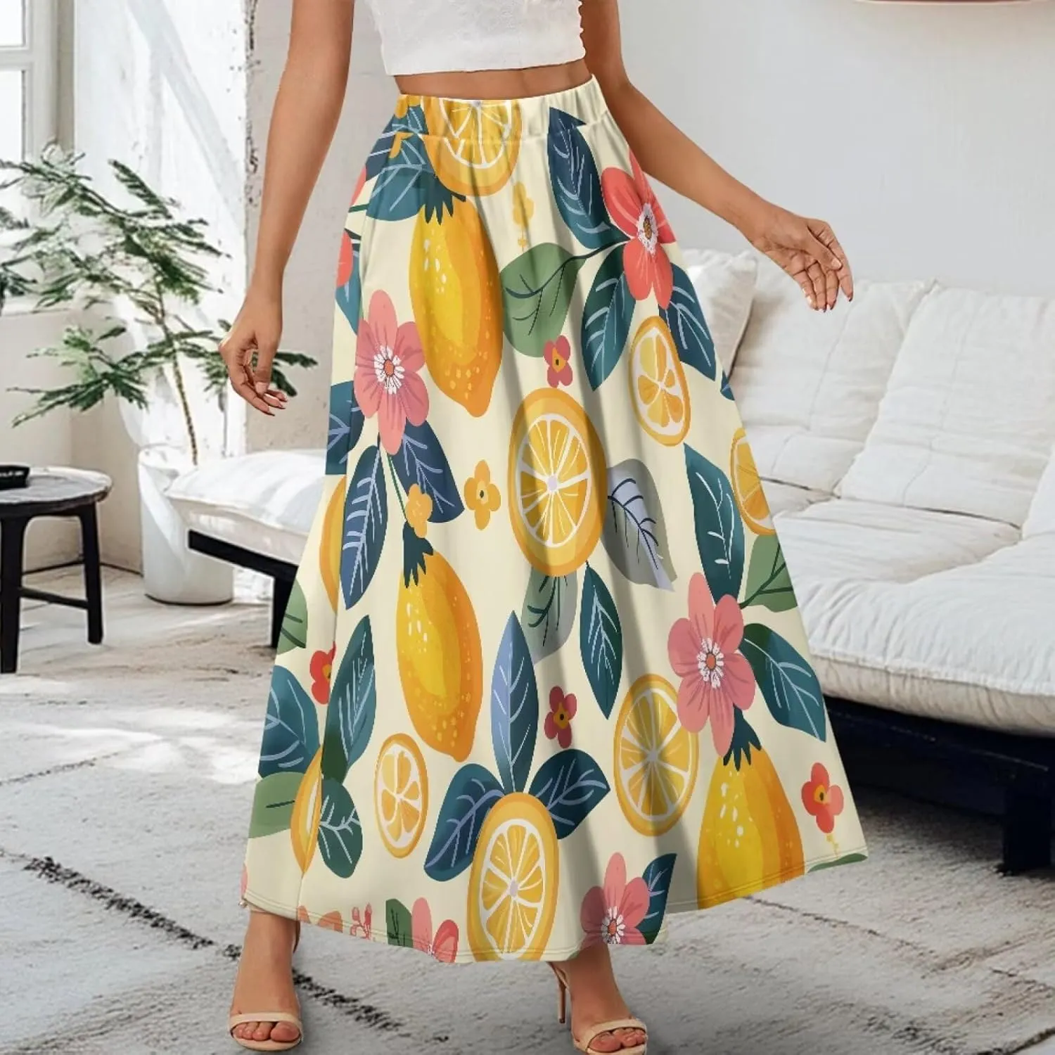 Casual Trendy Pleated Skirt for Women Party Beach Elastic Waist Womens Aline Flowy Skirts with Pockets