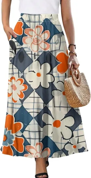 Casual Trendy Pleated Skirt for Women Party Beach Elastic Waist Womens Aline Flowy Skirts with Pockets