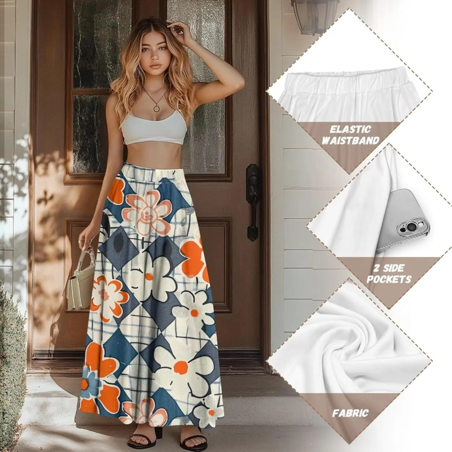 Casual Trendy Pleated Skirt for Women Party Beach Elastic Waist Womens Aline Flowy Skirts with Pockets