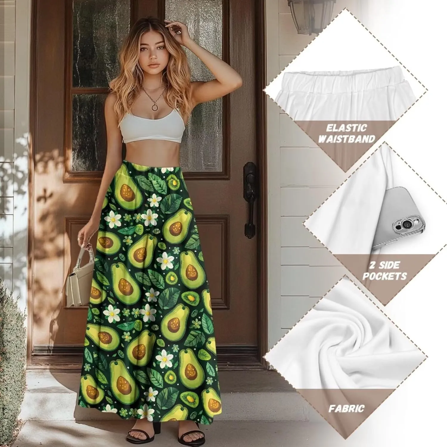 Casual Trendy Pleated Skirt for Women Party Beach Elastic Waist Womens Aline Flowy Skirts with Pockets