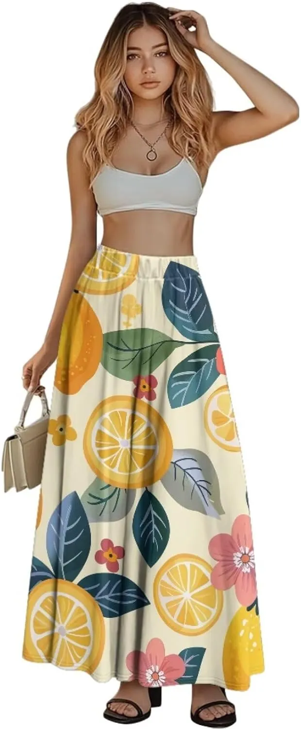 Casual Trendy Pleated Skirt for Women Party Beach Elastic Waist Womens Aline Flowy Skirts with Pockets