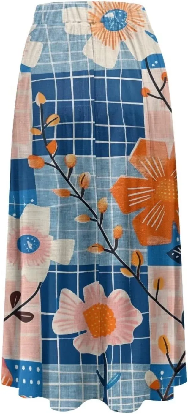 Casual Trendy Pleated Skirt for Women Party Beach Elastic Waist Womens Aline Flowy Skirts with Pockets