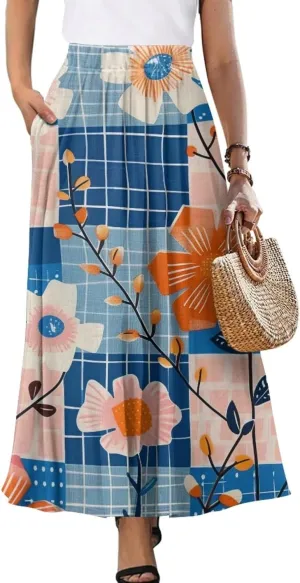 Casual Trendy Pleated Skirt for Women Party Beach Elastic Waist Womens Aline Flowy Skirts with Pockets