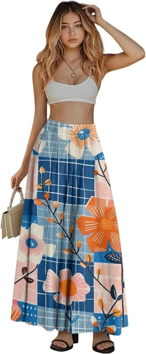 Casual Trendy Pleated Skirt for Women Party Beach Elastic Waist Womens Aline Flowy Skirts with Pockets