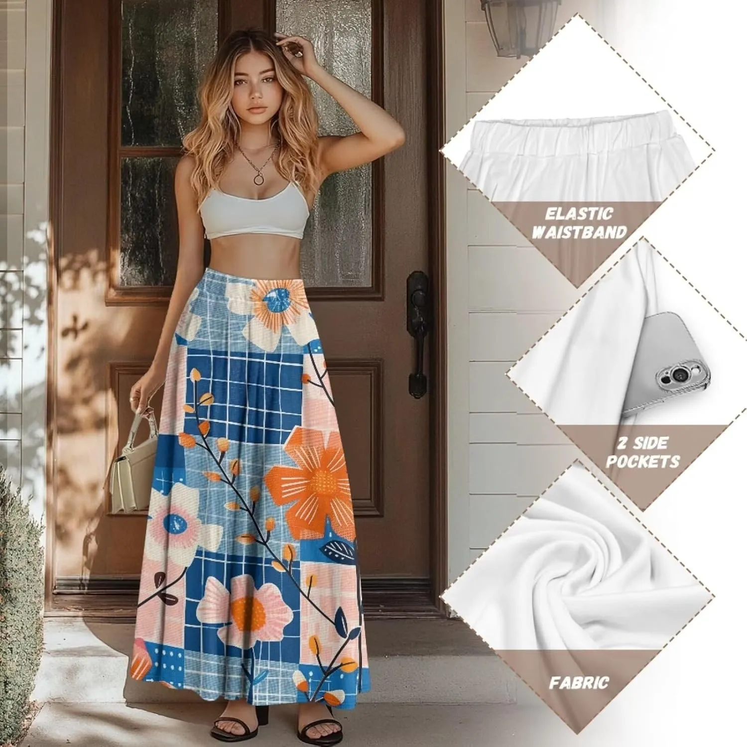 Casual Trendy Pleated Skirt for Women Party Beach Elastic Waist Womens Aline Flowy Skirts with Pockets