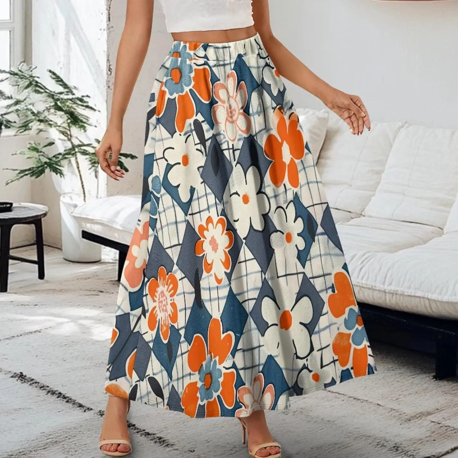Casual Trendy Pleated Skirt for Women Party Beach Elastic Waist Womens Aline Flowy Skirts with Pockets