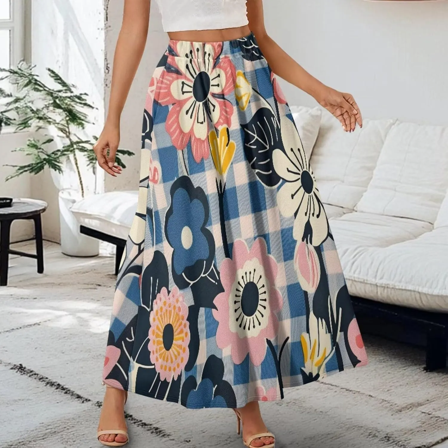 Casual Trendy Pleated Skirt for Women Party Beach Elastic Waist Womens Aline Flowy Skirts with Pockets