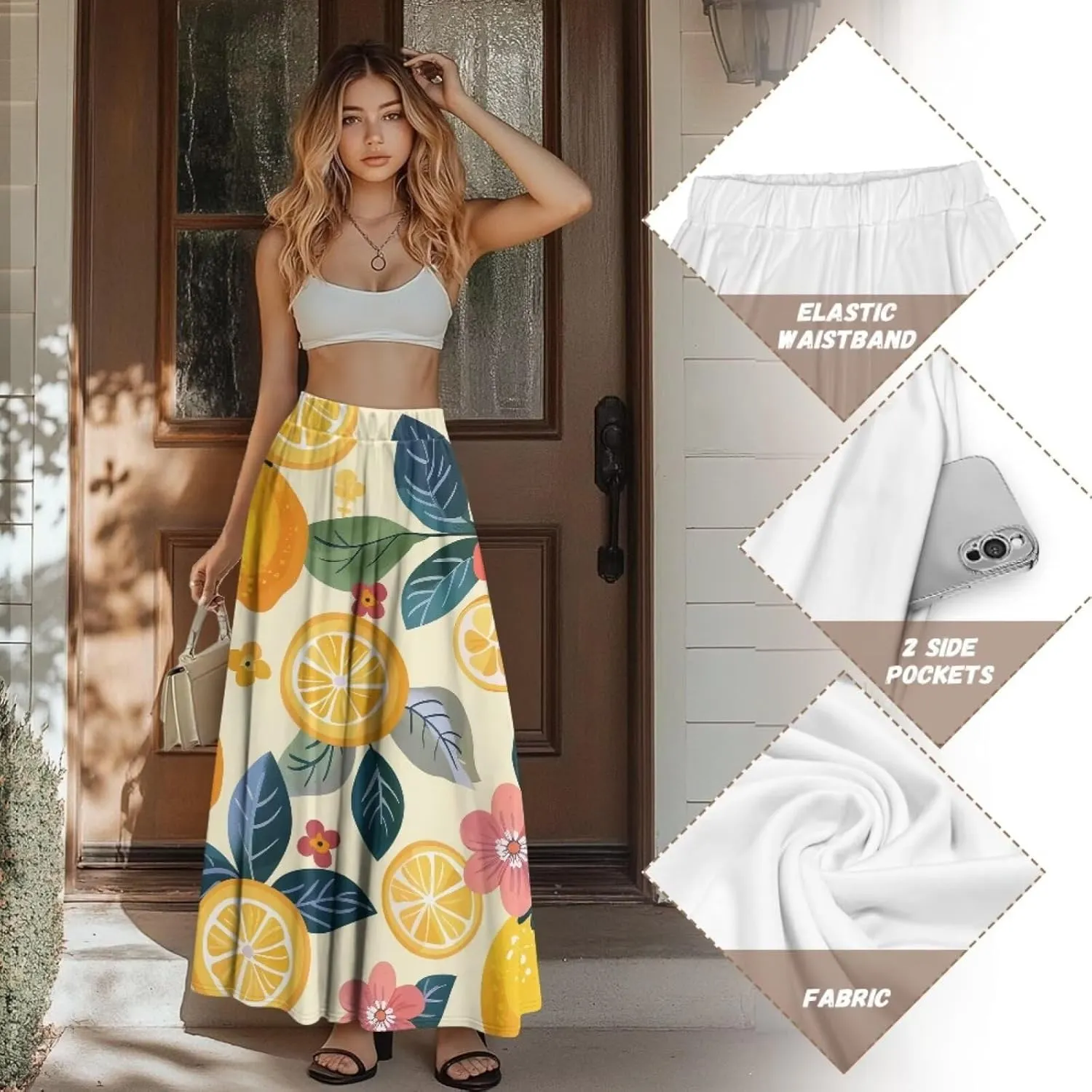 Casual Trendy Pleated Skirt for Women Party Beach Elastic Waist Womens Aline Flowy Skirts with Pockets