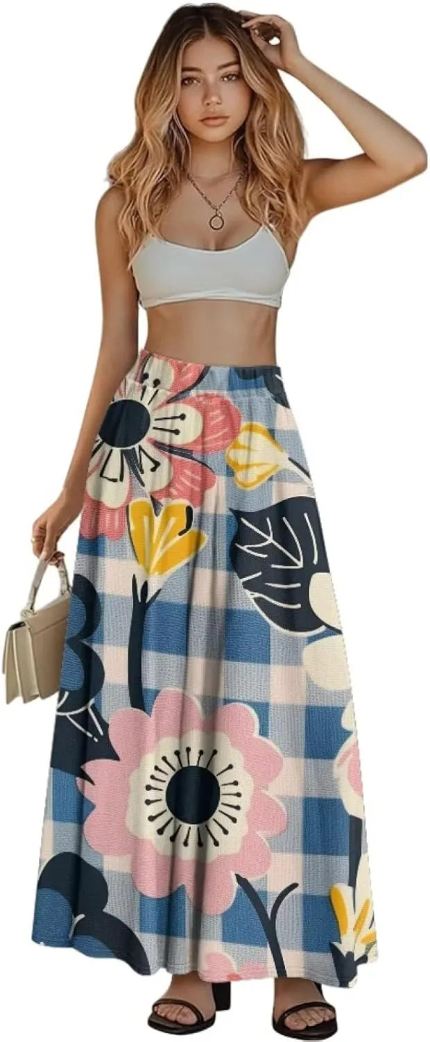 Casual Trendy Pleated Skirt for Women Party Beach Elastic Waist Womens Aline Flowy Skirts with Pockets