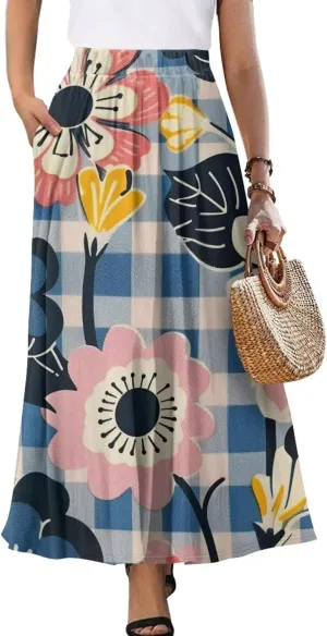 Casual Trendy Pleated Skirt for Women Party Beach Elastic Waist Womens Aline Flowy Skirts with Pockets