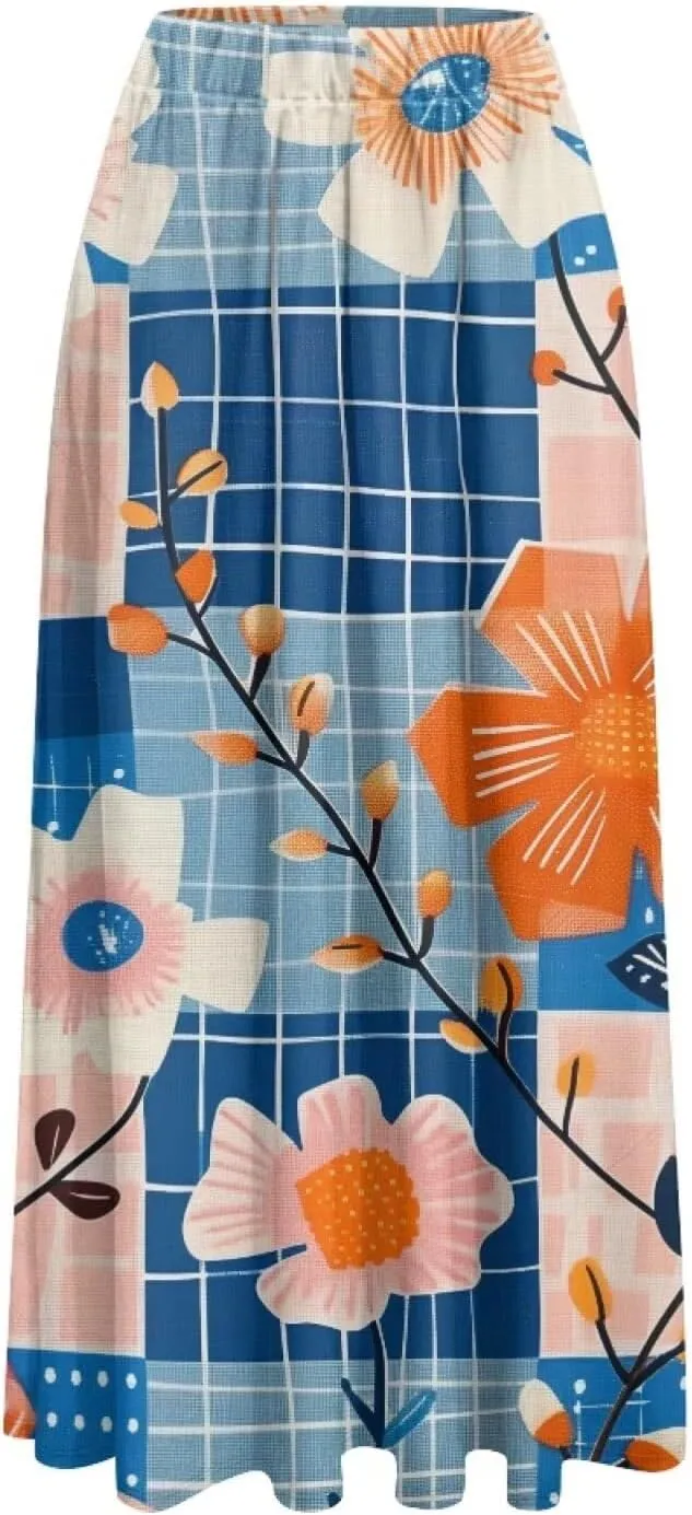 Casual Trendy Pleated Skirt for Women Party Beach Elastic Waist Womens Aline Flowy Skirts with Pockets