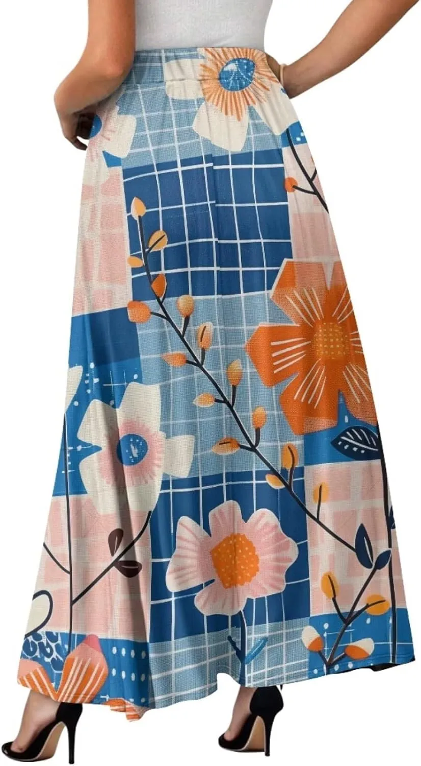 Casual Trendy Pleated Skirt for Women Party Beach Elastic Waist Womens Aline Flowy Skirts with Pockets