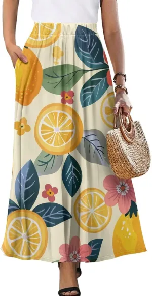 Casual Trendy Pleated Skirt for Women Party Beach Elastic Waist Womens Aline Flowy Skirts with Pockets