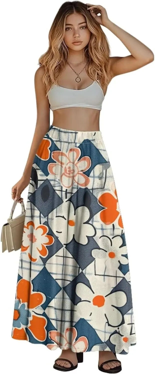 Casual Trendy Pleated Skirt for Women Party Beach Elastic Waist Womens Aline Flowy Skirts with Pockets