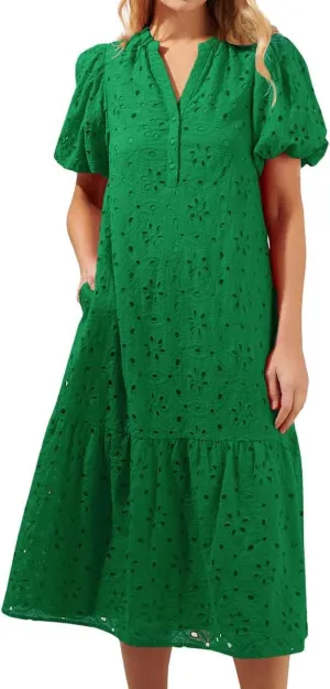 chouyatou Women's Elegant Lace Eyelet Embroidery Beach Dress V-Neck Puff Sleeve Flowy Swing Midi Tunic Dress