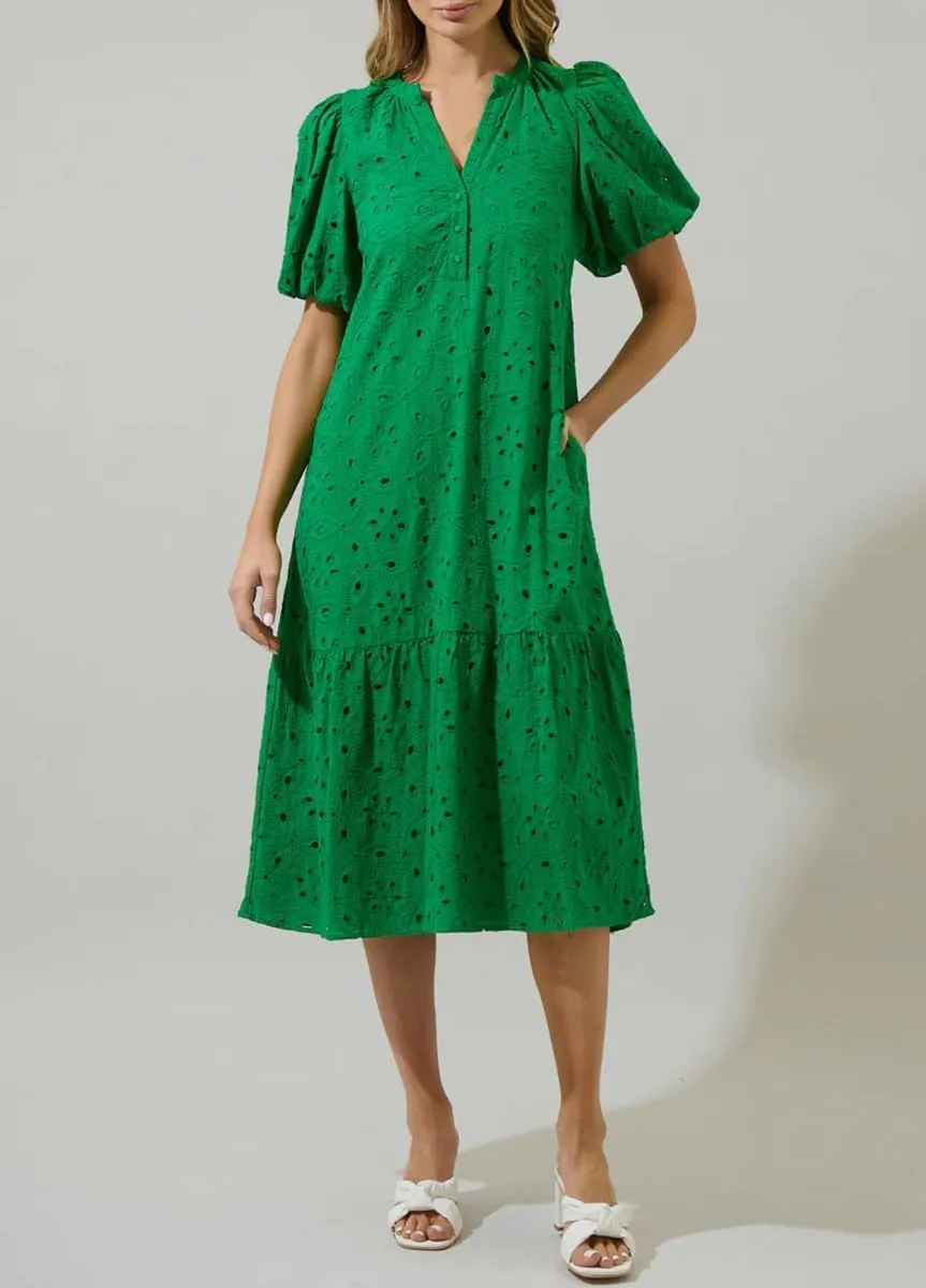 chouyatou Women's Elegant Lace Eyelet Embroidery Beach Dress V-Neck Puff Sleeve Flowy Swing Midi Tunic Dress