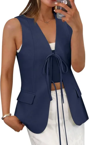 Cicy Bell Womens Tie Front Blazer Vest Tops Summer Sleeveless V Neck Suit Vest 2025 Casual Business Waistcoat