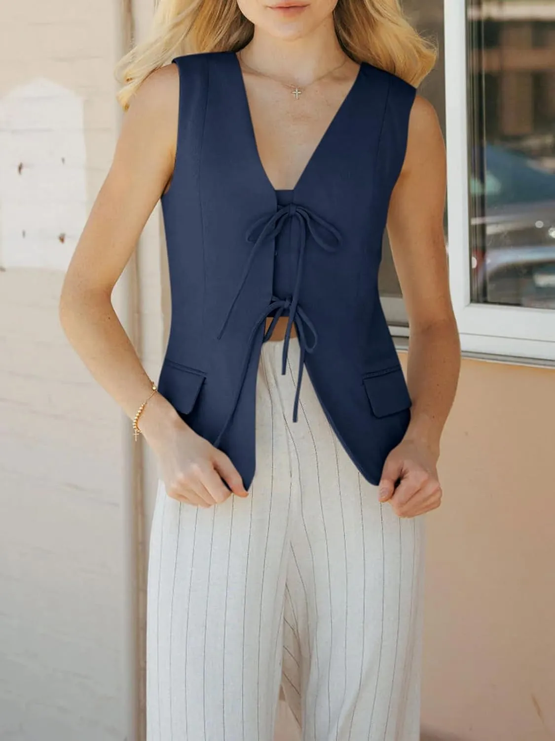 Cicy Bell Womens Tie Front Blazer Vest Tops Summer Sleeveless V Neck Suit Vest 2025 Casual Business Waistcoat