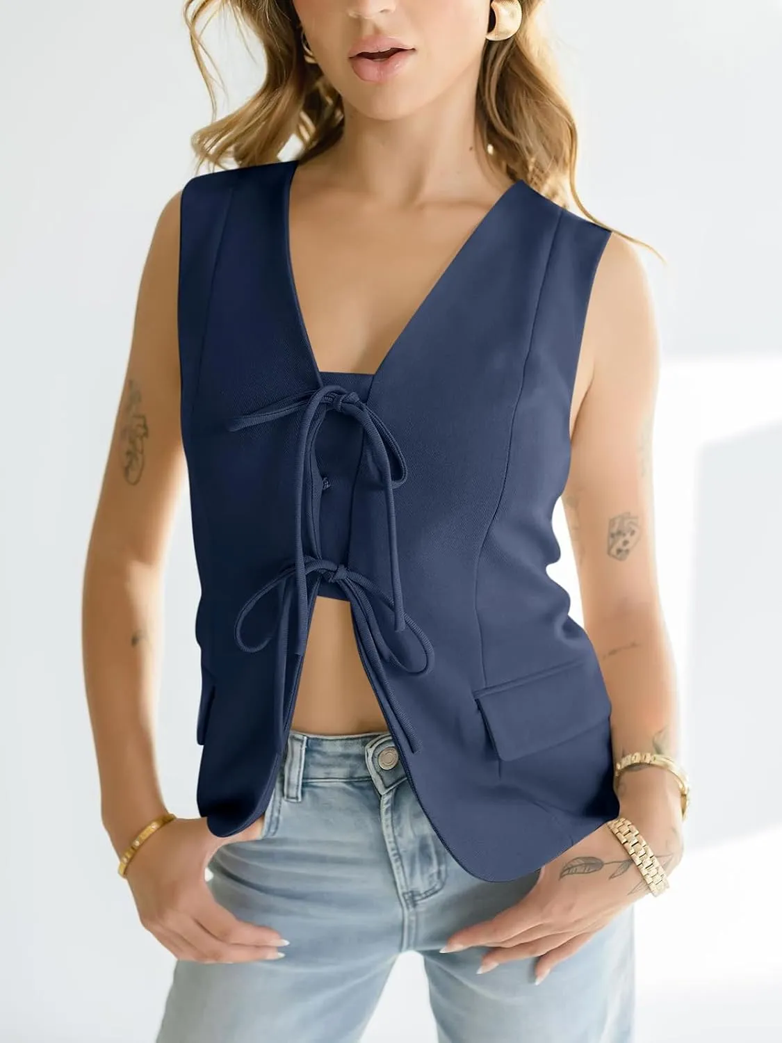 Cicy Bell Womens Tie Front Blazer Vest Tops Summer Sleeveless V Neck Suit Vest 2025 Casual Business Waistcoat