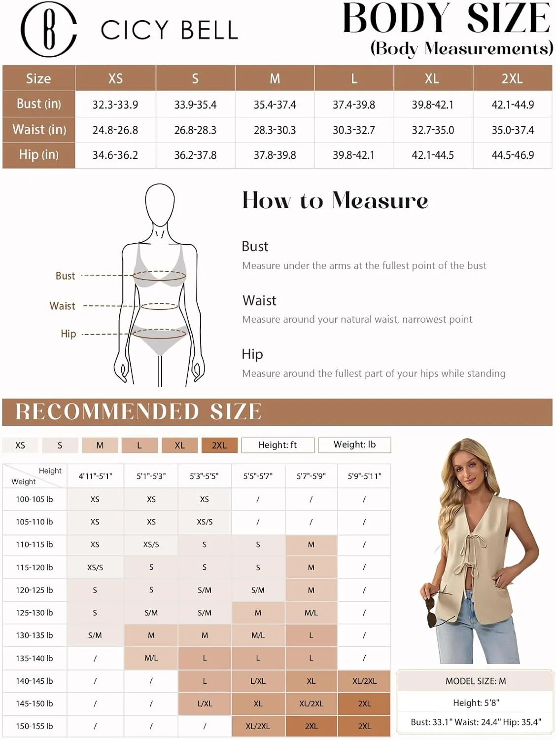 Cicy Bell Womens Tie Front Blazer Vest Tops Summer Sleeveless V Neck Suit Vest 2025 Casual Business Waistcoat