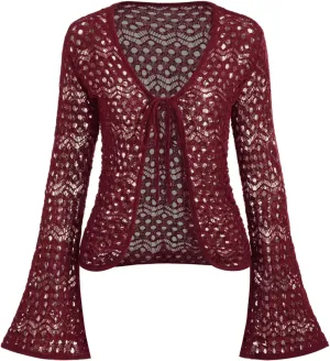 CIDER Womens Cardigans Hollow Out Crochet Bell Long Sleeve Tie Front Cover Ups Vacation Outfits