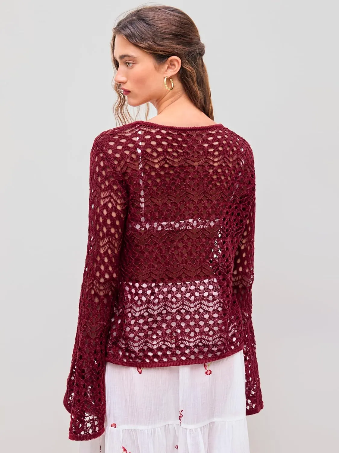 CIDER Womens Cardigans Hollow Out Crochet Bell Long Sleeve Tie Front Cover Ups Vacation Outfits