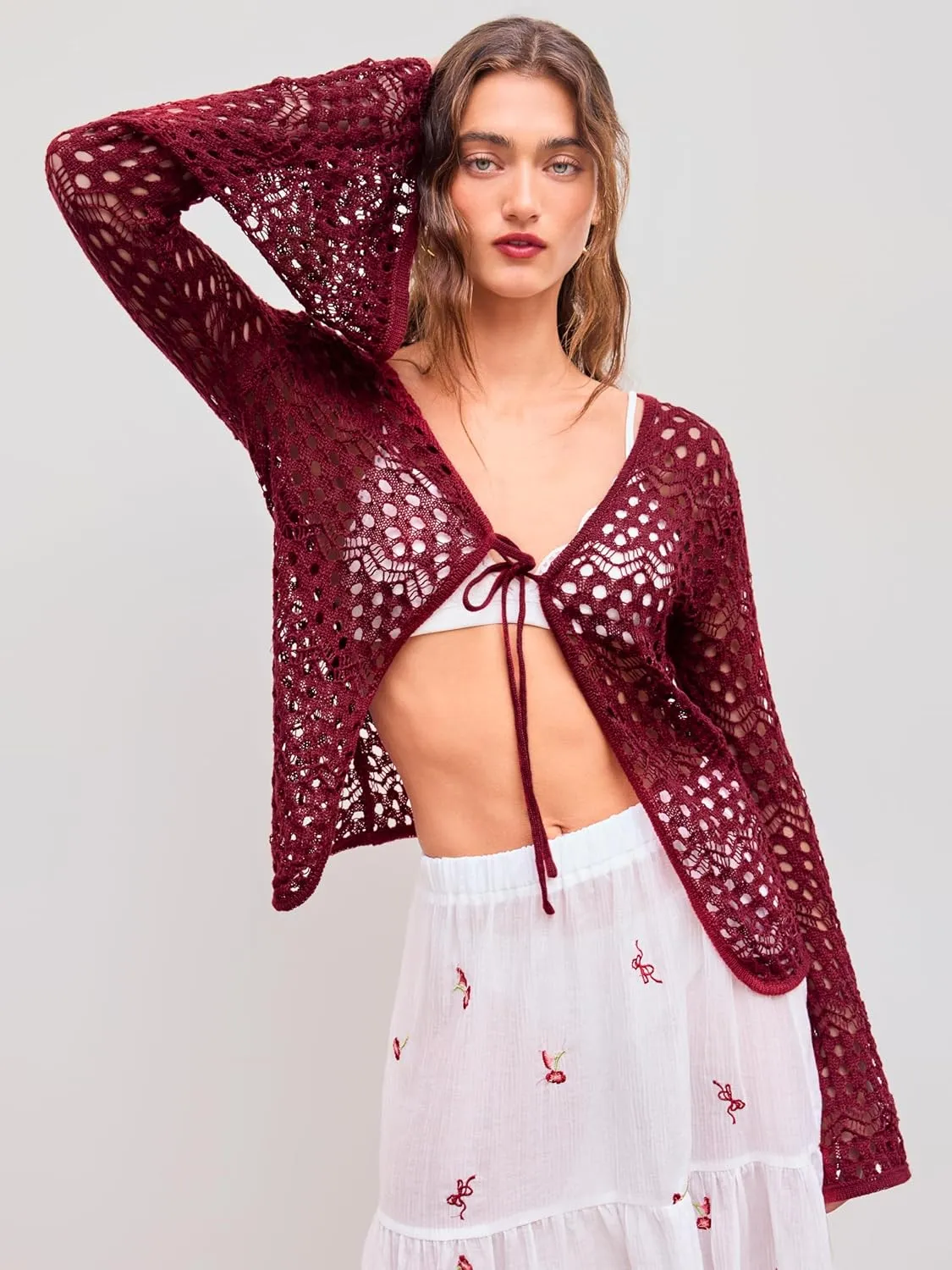 CIDER Womens Cardigans Hollow Out Crochet Bell Long Sleeve Tie Front Cover Ups Vacation Outfits