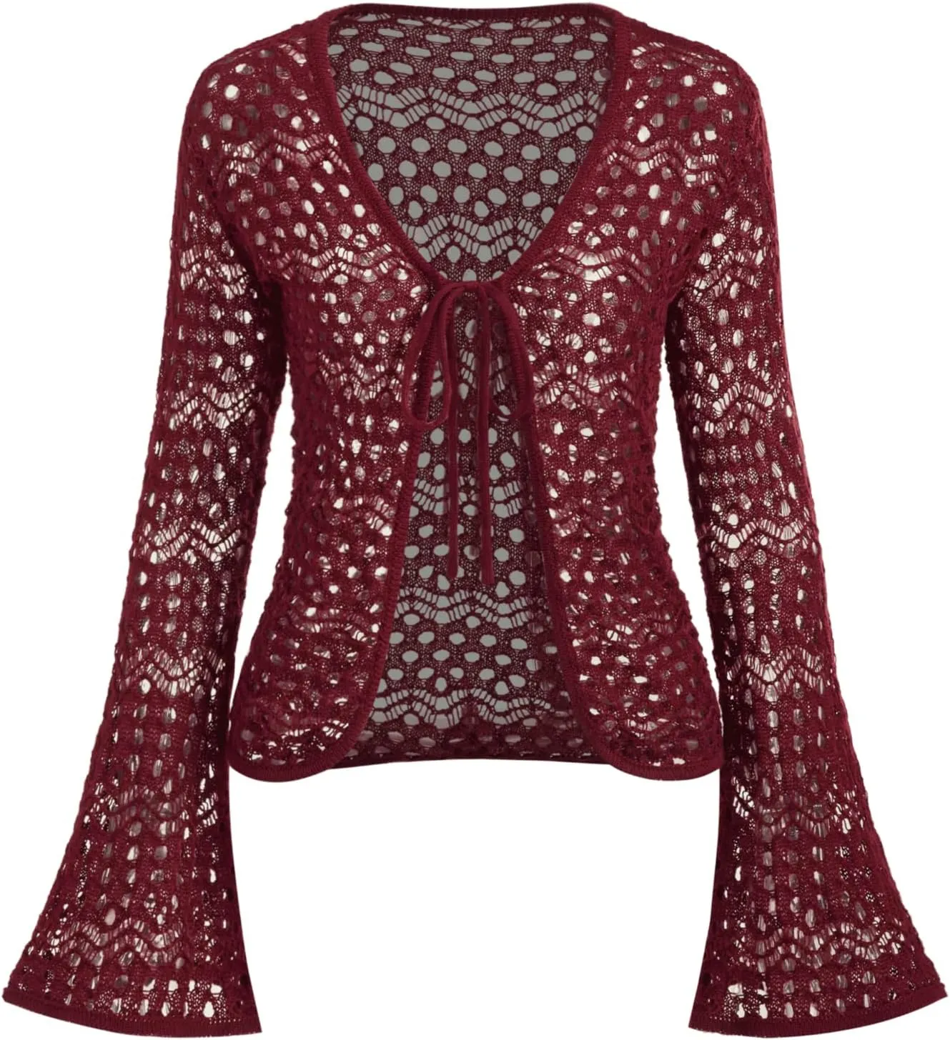 CIDER Womens Cardigans Hollow Out Crochet Bell Long Sleeve Tie Front Cover Ups Vacation Outfits