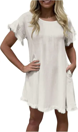 Cotton Linen Dress for Women Short Sleeve Crewneck Mini Dresses for Summer Solid Color Shift Dress with Pockets