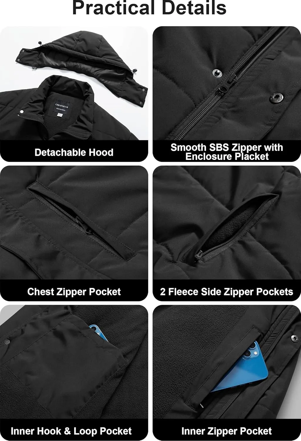 CREATMO US Men's Big and Tall Winter Puffer Jacket Waterproof Bubble Coat Puffy Ski Parka With Hood
