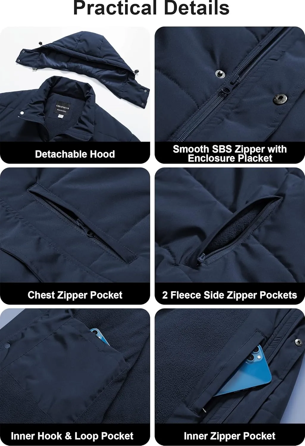 CREATMO US Men's Big and Tall Winter Puffer Jacket Waterproof Bubble Coat Puffy Ski Parka With Hood