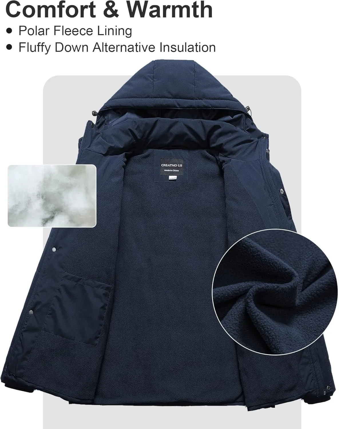 CREATMO US Men's Big and Tall Winter Puffer Jacket Waterproof Bubble Coat Puffy Ski Parka With Hood