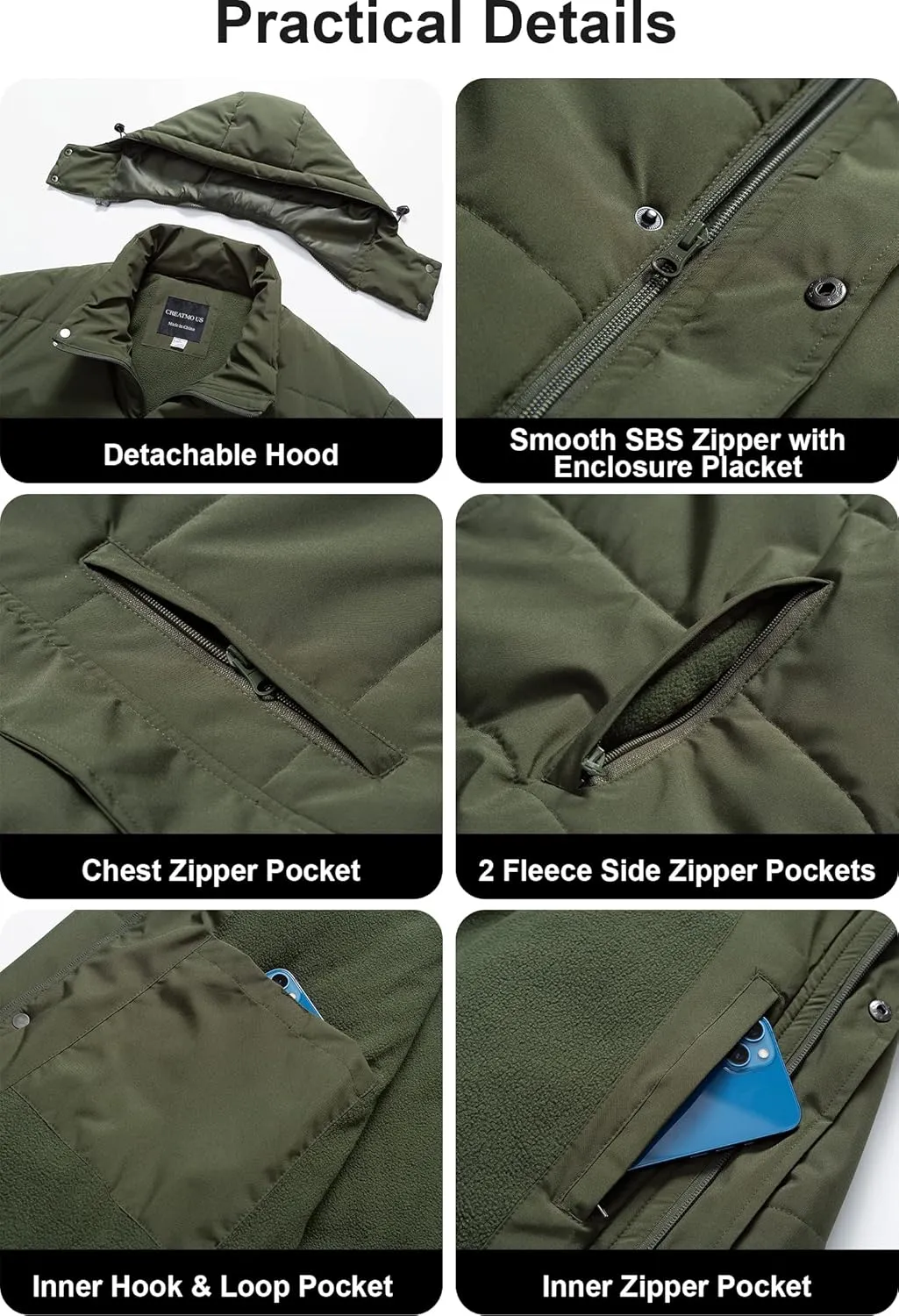 CREATMO US Men's Big and Tall Winter Puffer Jacket Waterproof Bubble Coat Puffy Ski Parka With Hood
