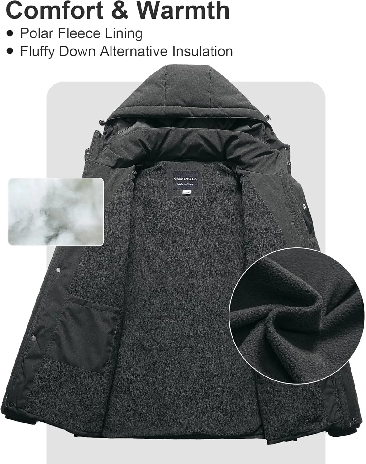 CREATMO US Men's Big and Tall Winter Puffer Jacket Waterproof Bubble Coat Puffy Ski Parka With Hood