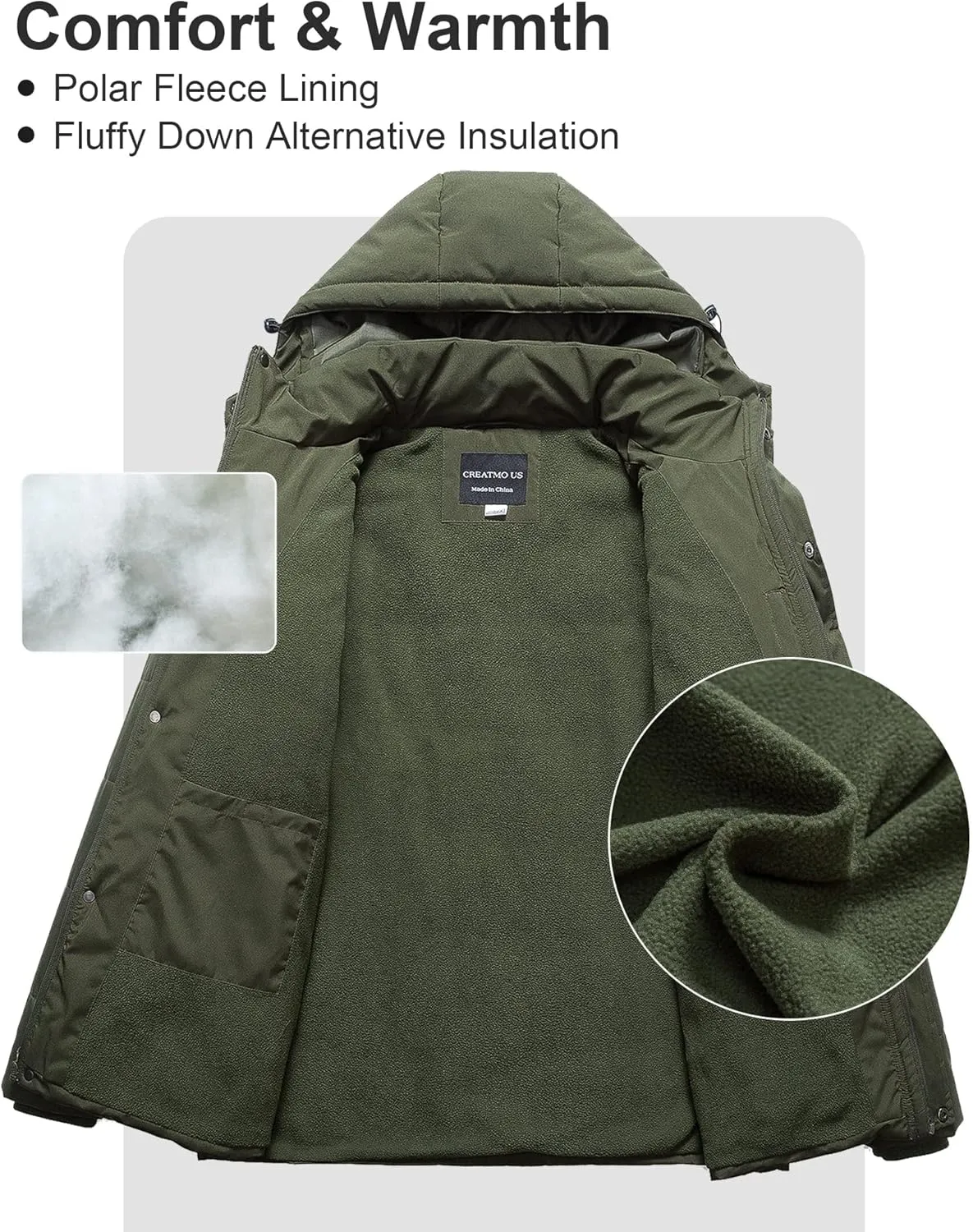 CREATMO US Men's Big and Tall Winter Puffer Jacket Waterproof Bubble Coat Puffy Ski Parka With Hood