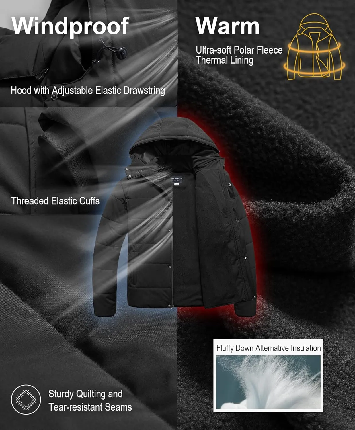 CREATMO US Men's Big and Tall Winter Puffer Jacket Waterproof Bubble Coat Puffy Ski Parka With Hood
